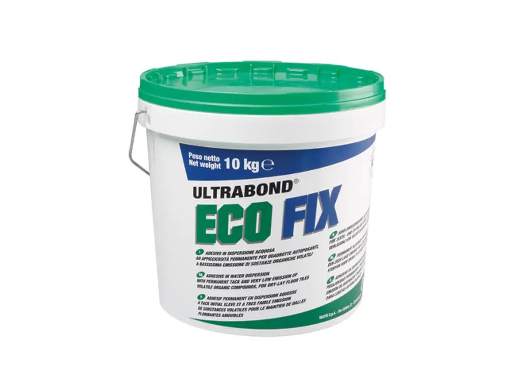Eimer mit weißem Inhalt, gekennzeichnet mit "Ultrabond Eco Fix". TECE-Produkt zur Dispersionsfixierung. Gewicht von 10 kg auf dem Etikett sichtbar.